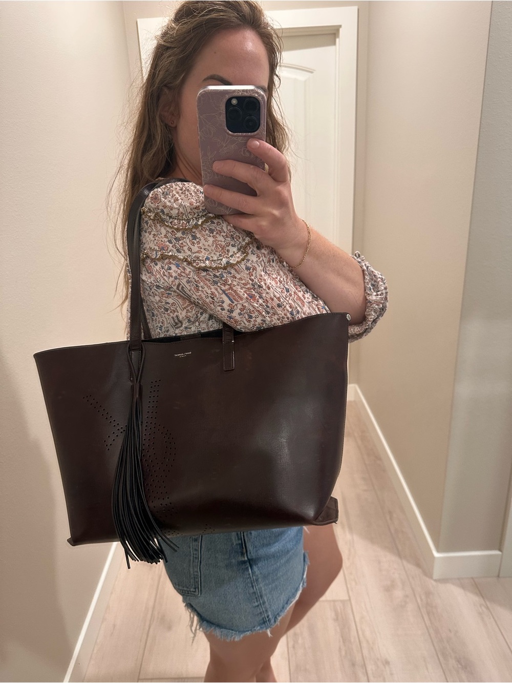Saint Laurent Dark Brown Leather Tote with Tassel and Attached Coin Pouch